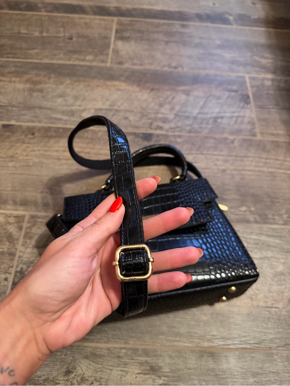 Croc-Embossed Black Top-Handle Satchel with Gold Clasp - Picture 8 of 8